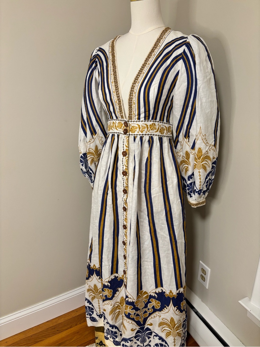 Farm Rio Pineapple Linen Midi Dress Blue Gold Embroidered Puff Sleeve Small NWT - Picture 2 of 14